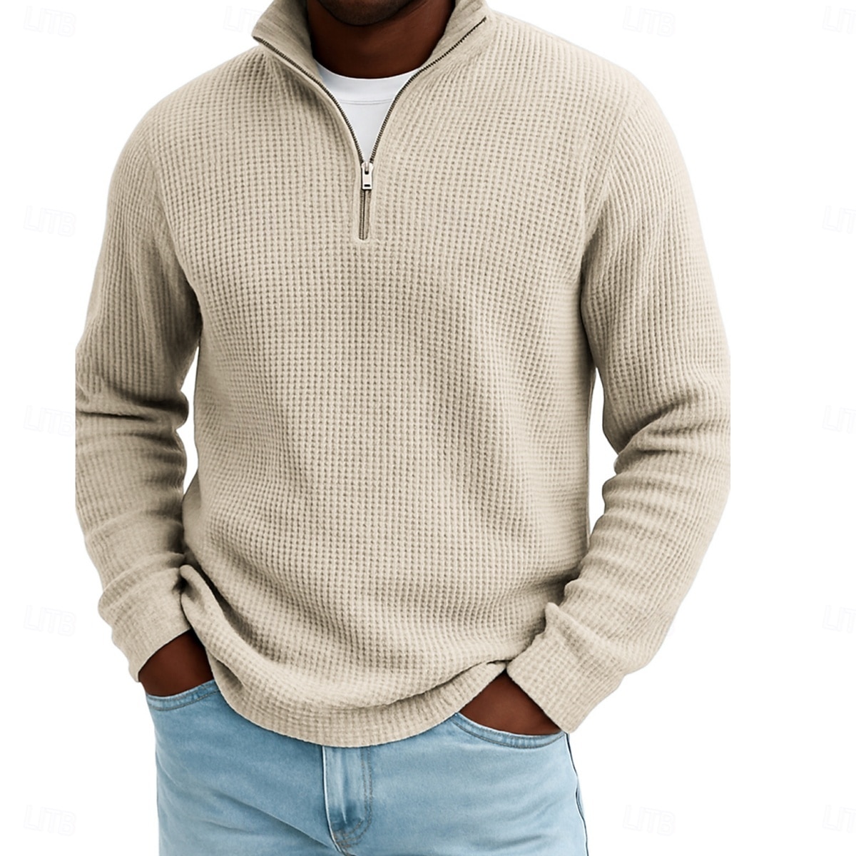 Men's Waffle Polo Shirts Textured Outdoor Causal Quarter Zip Long Sleeve Fashion Modern Solid Color Textured Knitted Fall Spring &  Fall Fall & Winter Regular Fit Dark Brown Wine Black White Navy 2025 - $22.99 &ndash;P9