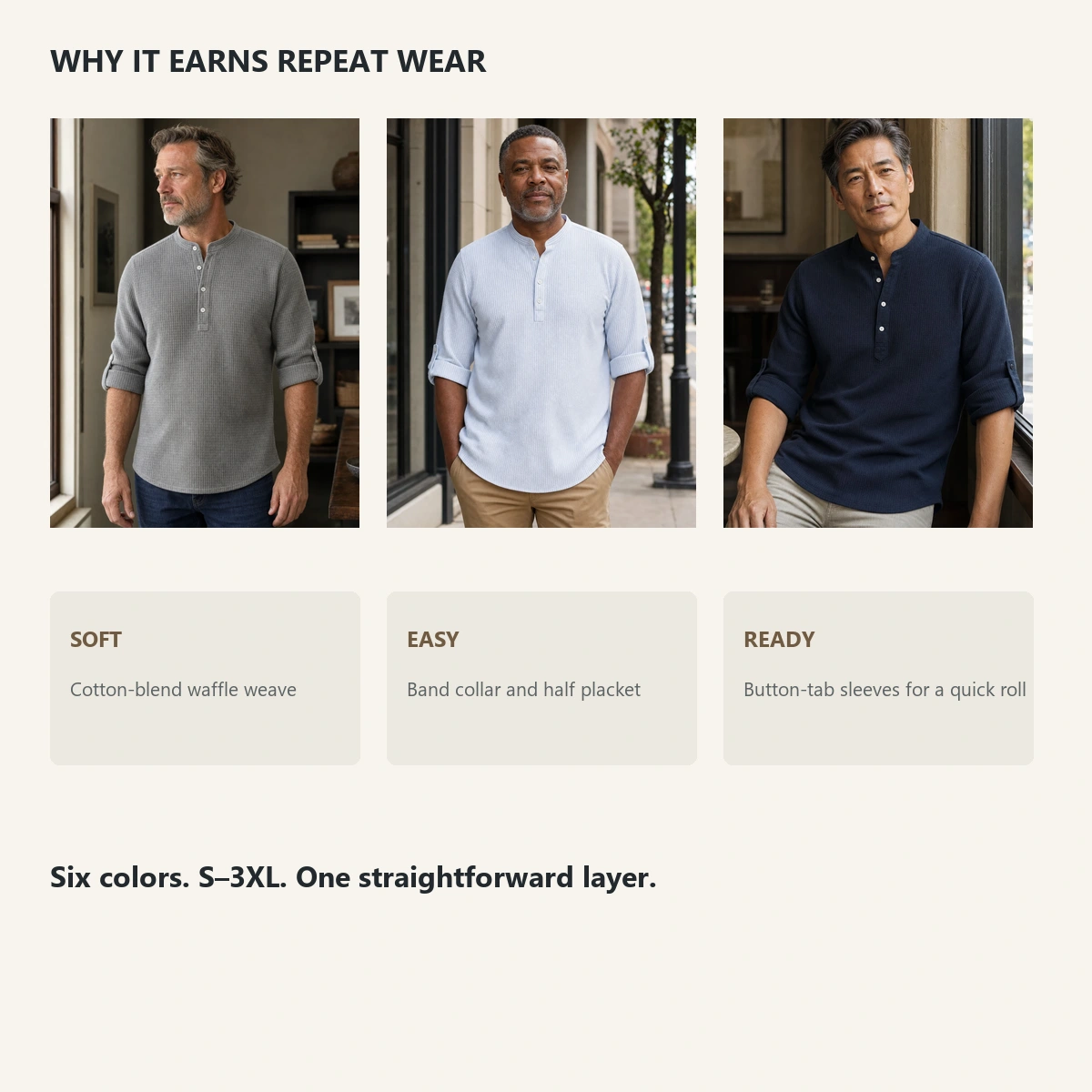 Feature board showing three mature male models and the Porto Henley benefits: soft, easy, and ready