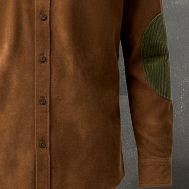 Men's Shirt Casual Shirt Vintage Shirt Corduroy Shirt Button Up Shirt Suede Shirt Black Brown khaki Long Sleeve Color Block Lapel Casual Daily Patchwork Clothing Apparel Fashion Vintage Retro 2025 - $24.99 &ndash;P4