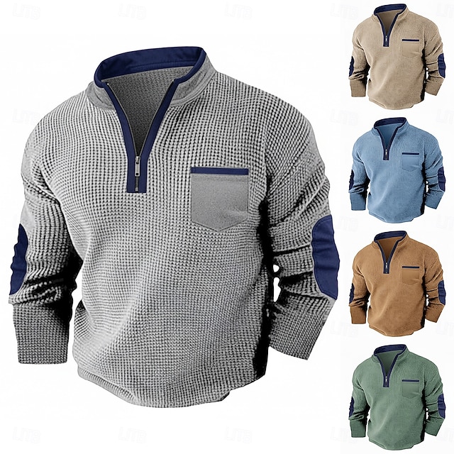 Men's Waffle T-shirt T Shirt Waffle Henley Shirt Long Sleeve Half Zip Fall Fall & Winter Solid Color Patchwork Traditional / Vintage Casual Patchwork Color Block Outdoor Home Sports & Outdoor Blue