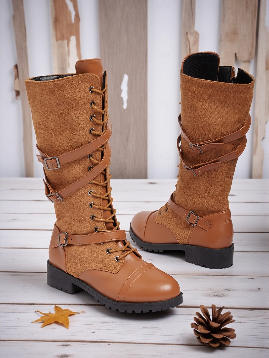 Women's Lace-Up Knee-High Boots - Brown Faux Leather Combat Boots with Buckle Straps, Vintage Riding Style Footwear for Fall and Winter 2026 - $46.99 &ndash;P5