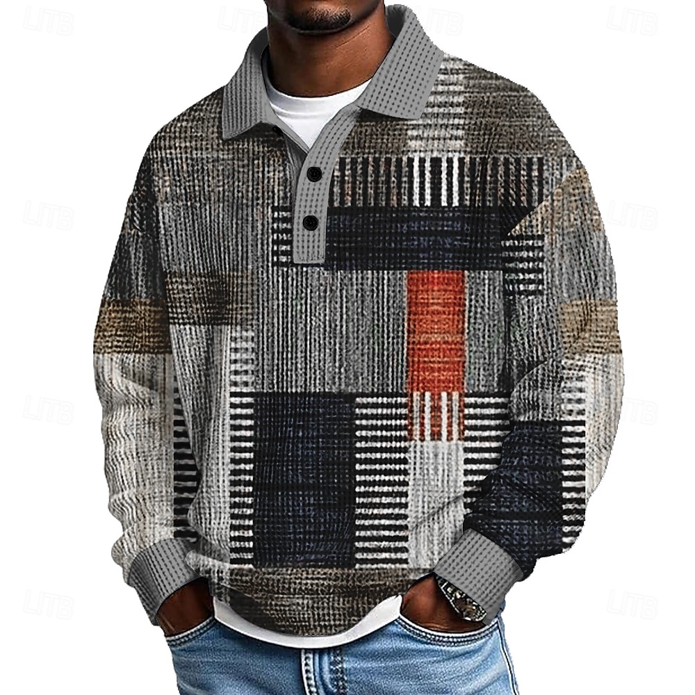 Men's Geometric Color Block Waffle Polo Shirts Textured Long Sleeve Polo Shirts Lapel Casual Athleisure Daily Wear 3D Print Spring Fall Winter Blue Brown Gray 2025 - $26.99 &ndash;P2