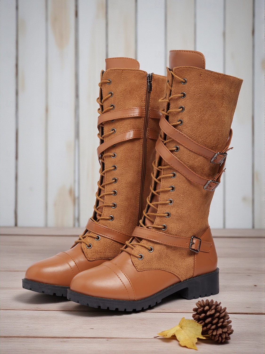 Women's Lace-Up Knee-High Boots - Brown Faux Leather Combat Boots with Buckle Straps, Vintage Riding Style Footwear for Fall and Winter 2026 - $46.99 &ndash;P4