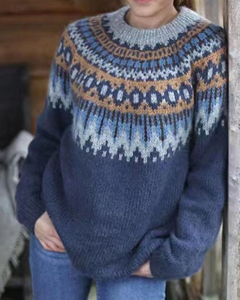 Women's Christmas Sweater Fair Isle Sweater Sweater Fair Isle Sweater Fashion Streetwear Casual Geometric Ribbed Crew Neck Knitted Long Sleeve Regular Tops Knit Outdoor Daily Weekend White Pink Fall 2025 - $31.99 &ndash;P4