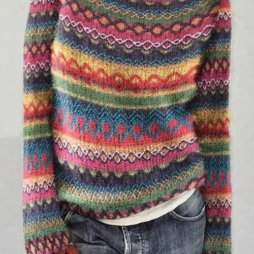 Women's Sweater Pullover Sweater Jumper Casual Soft Geometric Color Block Ribbed Crew Neck Knitted Long Sleeve Regular Tops Knit Outdoor Daily Weekend Pink Blue Fall Winter