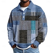 Men's Geometric Color Block Waffle Polo Shirts Textured Long Sleeve Polo Shirts Lapel Casual Athleisure Daily Wear 3D Print Spring Fall Winter Blue Brown Gray