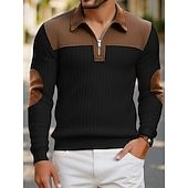 Men's Polo Polo Shirts Vacation Street Quarter Zip Long Sleeve Fashion Basic Color Block Jacquard Patchwork Fall & Winter Regular Fit Black White Army Green Apricot Polo