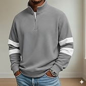 Men's Waffle Polo Shirts School Athleisure Standing Collar Long Sleeve Leisure Plain Zipper Spring Fall Blue Brown Gray Waffle Polo Shirts