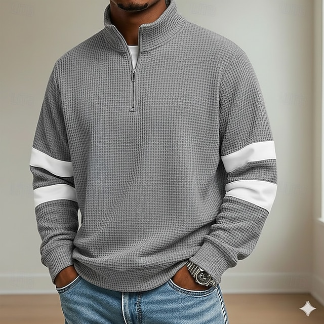 Men's Waffle Polo Shirts School Athleisure Standing Collar Long Sleeve Leisure Plain Zipper Spring Fall Blue Brown Gray Waffle Polo Shirts