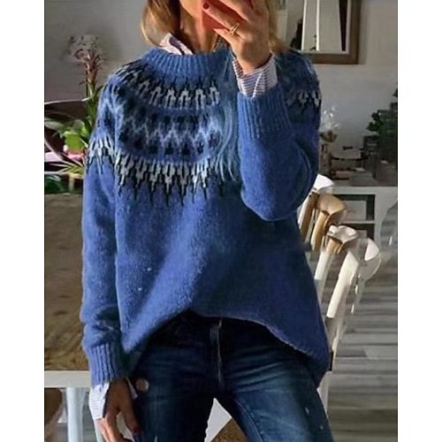 Women's Sweater Pullover Sweater Jumper Casual Soft Geometric Color Block Ribbed Crew Neck Knitted Long Sleeve Regular Tops Knit Outdoor Daily Weekend Pink Blue Fall Winter