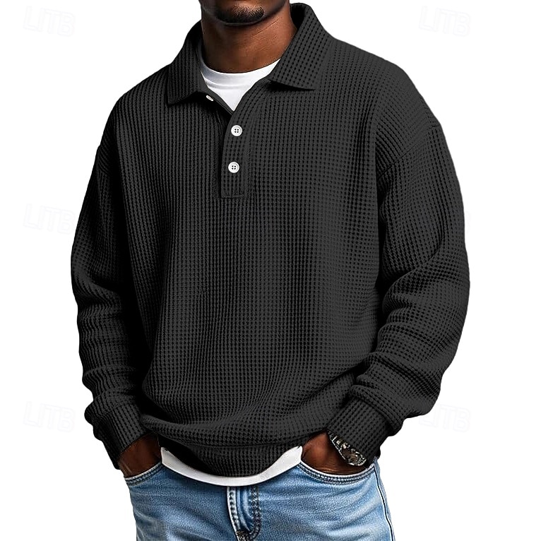 Men's Waffle Polo Shirts Textured Formal Business Ribbed Polo Collar Long Sleeve Fashion Solid Color Buttons Plain Fall Spring & Fall Loose Fit Black Light Green Green Light Blue Purple Khaki Waffle 2025 - $23.99 –P6