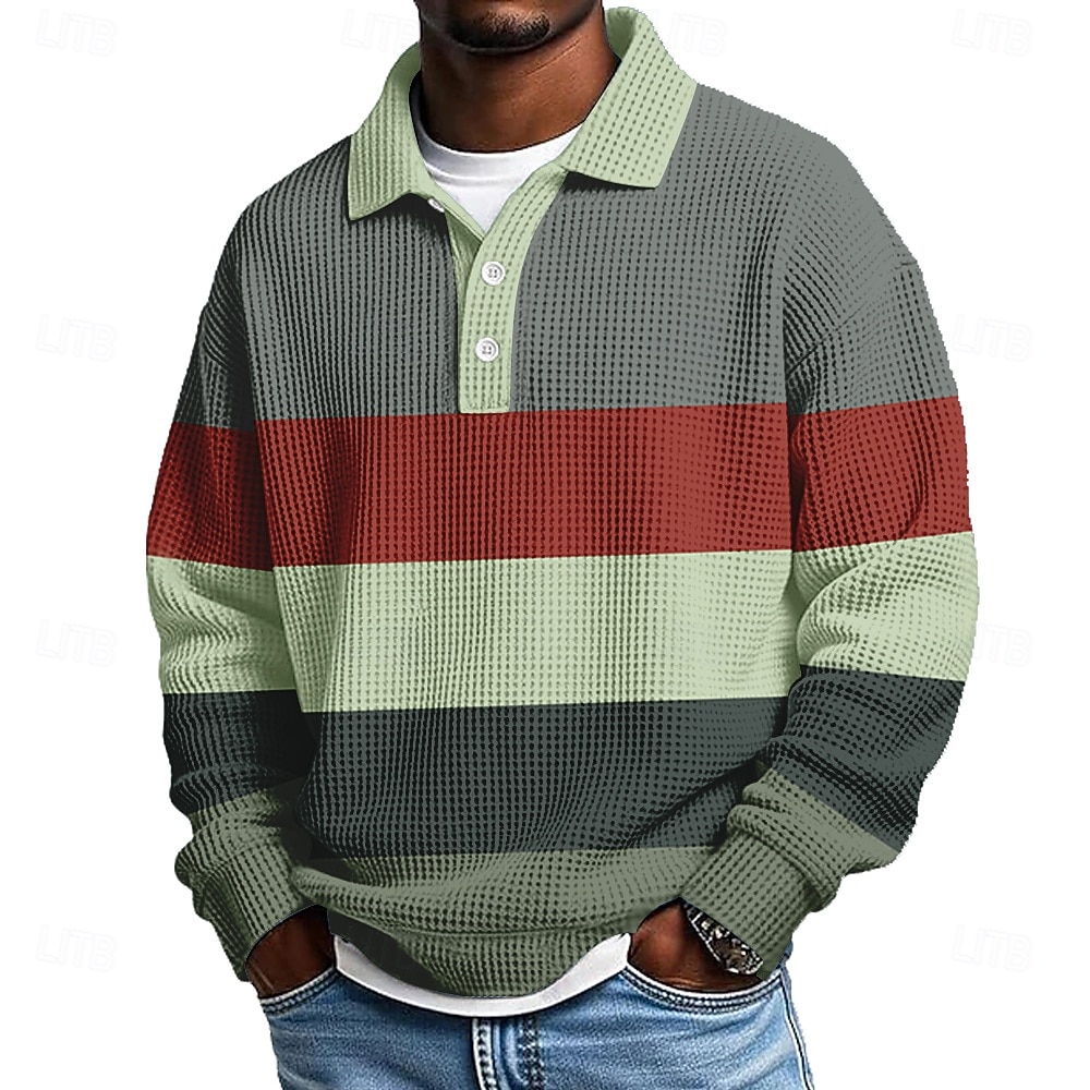 Men's Horizontal Stripes Waffle Polo Shirts Textured Long Sleeve Polo Shirts Lapel Casual Athleisure Daily Wear 3D Print Spring Fall Winter Blue Dark Brown Light Green 2025 - $26.99 –P3