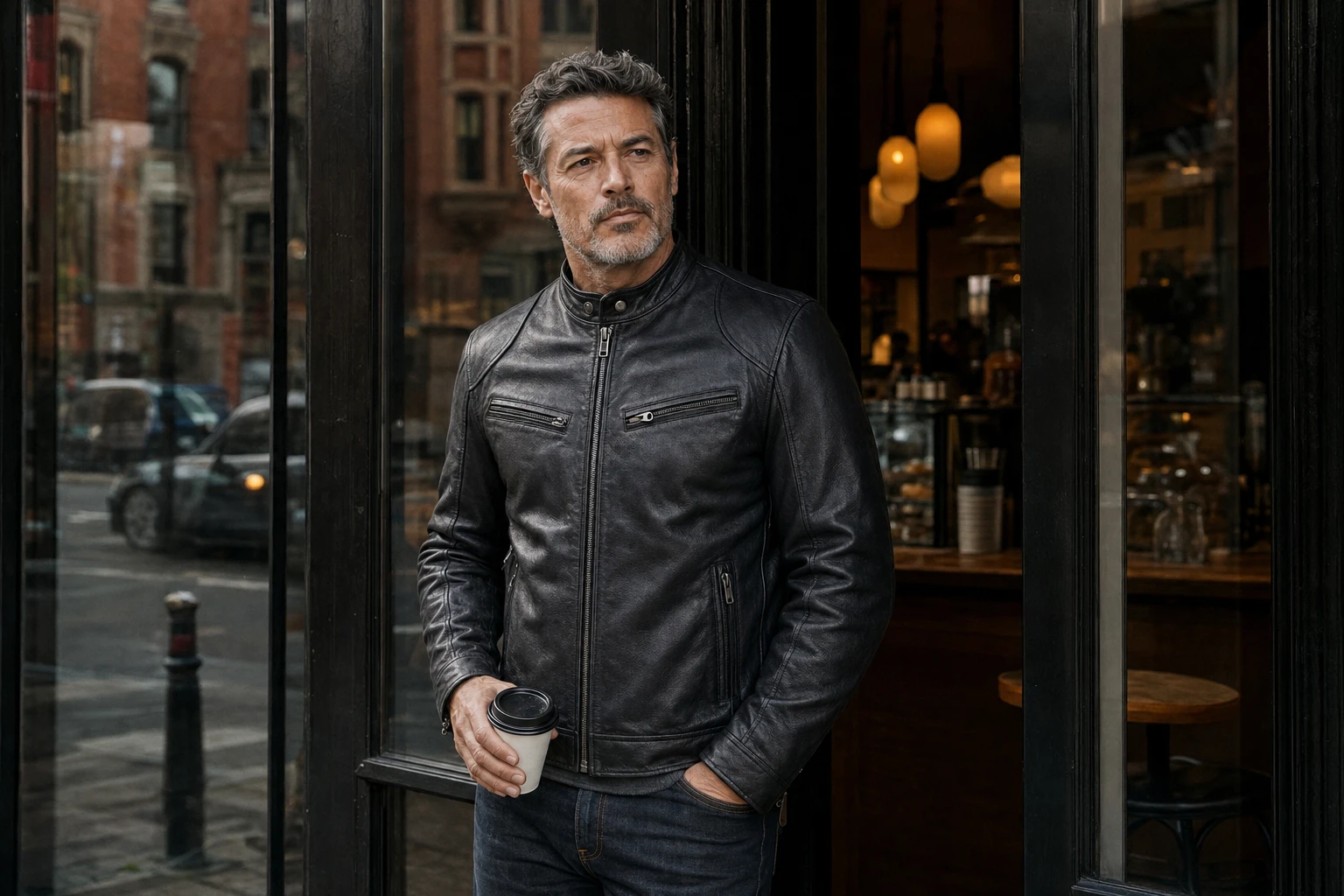 Mature American male model wearing a black leather jacket outside a cafe in a city setting