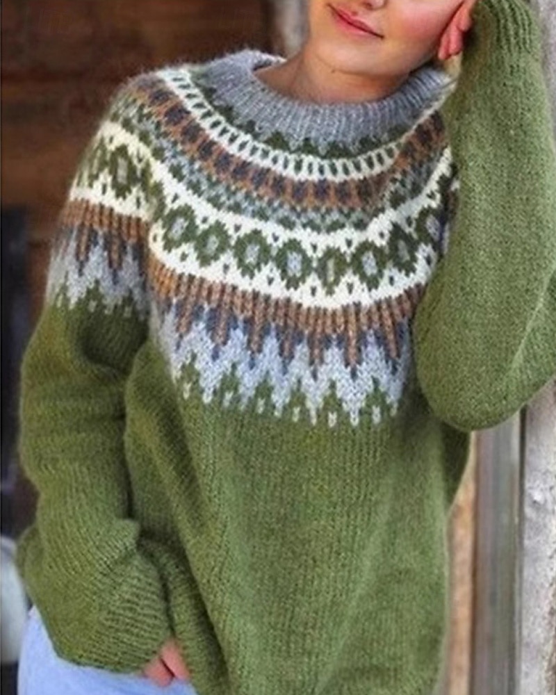 Women's Christmas Sweater Fair Isle Sweater Sweater Fair Isle Sweater Fashion Streetwear Casual Geometric Ribbed Crew Neck Knitted Long Sleeve Regular Tops Knit Outdoor Daily Weekend White Pink Fall 2025 - $31.99 &ndash;P2