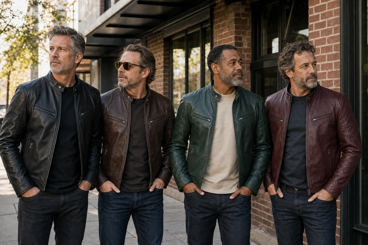 Four mature male models wearing the leather jacket in black, dark brown, dark green, and bordeaux