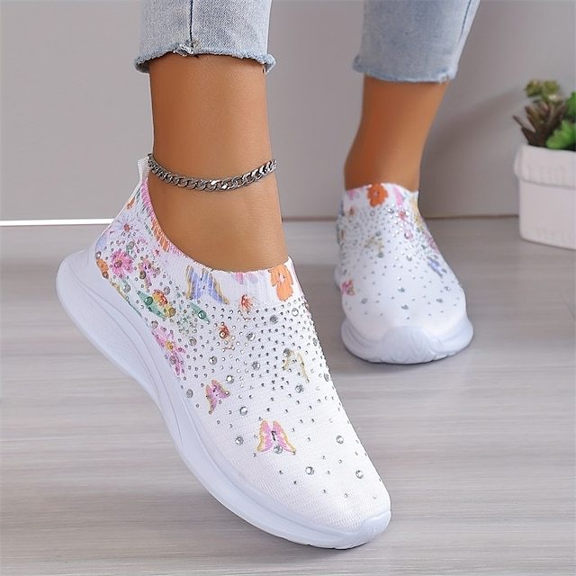 Women's White Slip-On Sneakers with Floral Print and Rhinestones for C