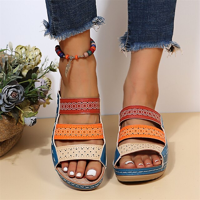 Bohemian Chic Women's Orthopedic Wedge Sandals - Vibrant Multi-Color Straps, Comfortable Arch Support, Trendy Summer Footwear