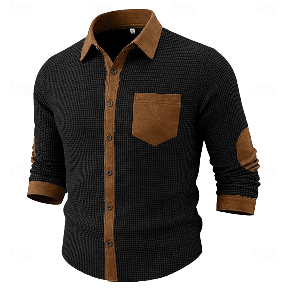 Men's Shirt Waffle Shirt Casual Shirt Vintage Shirt Button Up Shirt Black Navy Blue Green Gray Long Sleeve Textured Lapel Casual Daily Color Block Clothing Apparel Fashion Modern Smart Casual 2025 - $22.49 &ndash;P5