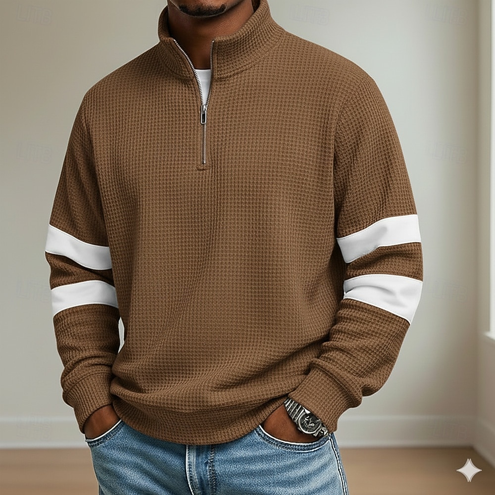 Men's Waffle Polo Shirts School Athleisure Standing Collar Long Sleeve Leisure Plain Zipper Spring Fall Blue Brown Gray Waffle Polo Shirts 2025 - $27.99 –P3
