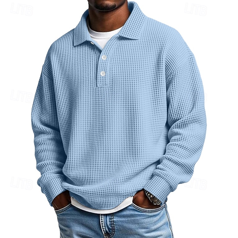 Men's Waffle Polo Shirts Textured Formal Business Ribbed Polo Collar Long Sleeve Fashion Solid Color Buttons Plain Fall Spring & Fall Loose Fit Black Light Green Green Light Blue Purple Khaki Waffle 2025 - $23.99 –P1