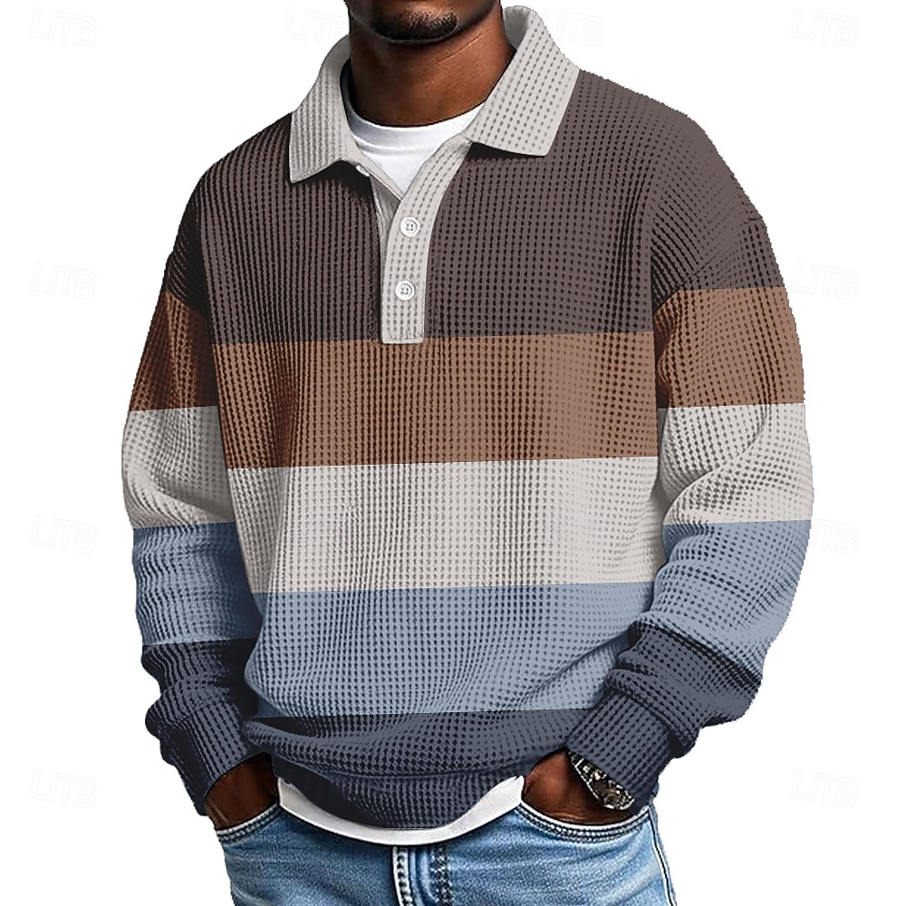 Men's Horizontal Stripes Waffle Polo Shirts Textured Long Sleeve Polo Shirts Lapel Casual Athleisure Daily Wear 3D Print Spring Fall Winter Blue Dark Brown Light Green 2025 - $26.99 –P1