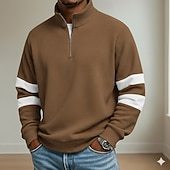 Men's Waffle Polo Shirts School Athleisure Standing Collar Long Sleeve Leisure Plain Zipper Spring Fall Blue Brown Gray Waffle Polo Shirts