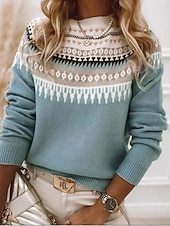Women's Sweater Pullover Sweater Jumper Casual Soft Geometric Color Block Ribbed Crew Neck Knitted Long Sleeve Regular Tops Knit Outdoor Daily Weekend Pink Blue Fall Winter