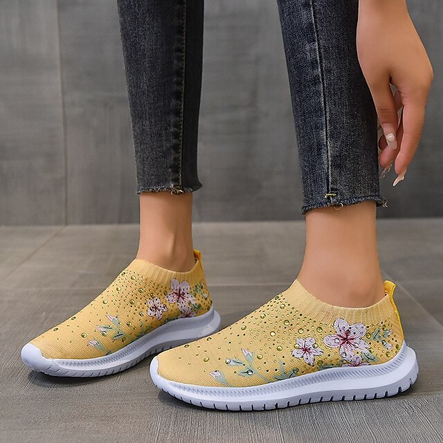 Women's White Slip-On Sneakers with Floral Print and Rhinestones for Casual Wear