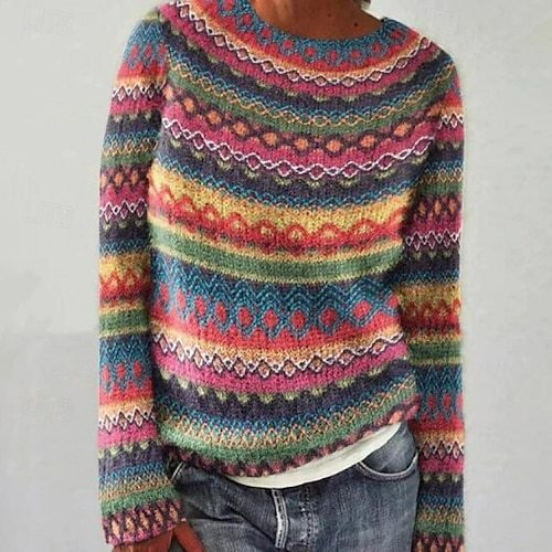 Women's Sweater Pullover Sweater Jumper Casual Soft Geometric Color Block Ribbed Crew Neck Knitted Long Sleeve Regular Tops Knit Outdoor Daily Weekend Pink Blue Fall Winter