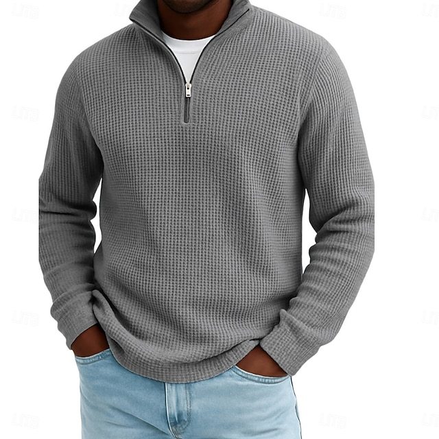 Men's Waffle Polo Shirts Outdoor Causal Fashion Modern Solid Color Textured Knitted Fall & Winter