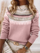Women's Sweater Pullover Sweater Jumper Casual Soft Geometric Color Block Ribbed Crew Neck Knitted Long Sleeve Regular Tops Knit Outdoor Daily Weekend Pink Blue Fall Winter