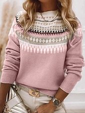 Women's Sweater Pullover Sweater Jumper Casual Soft Geometric Color Block Ribbed Crew Neck Knitted Long Sleeve Regular Tops Knit Outdoor Daily Weekend Pink Blue Fall Winter