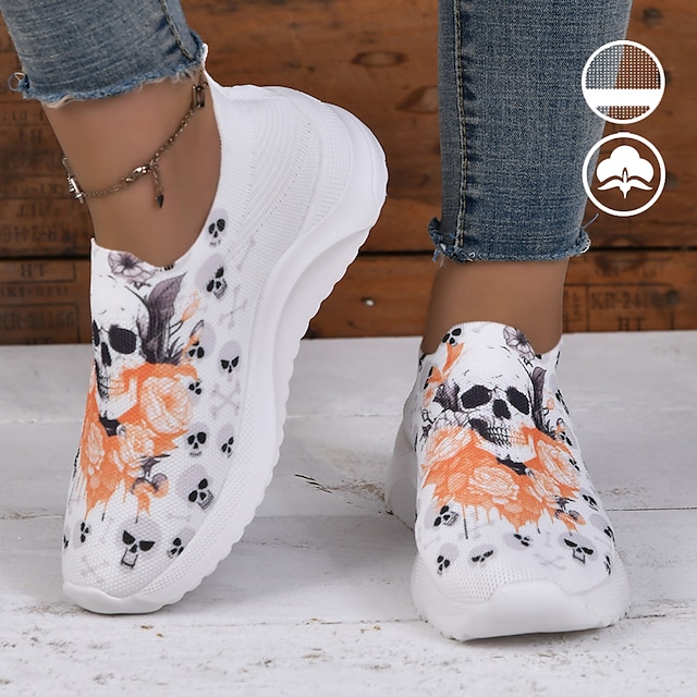 Women's Halloween Skull Slip-On Sneakers - Comfortable Breathable Walk