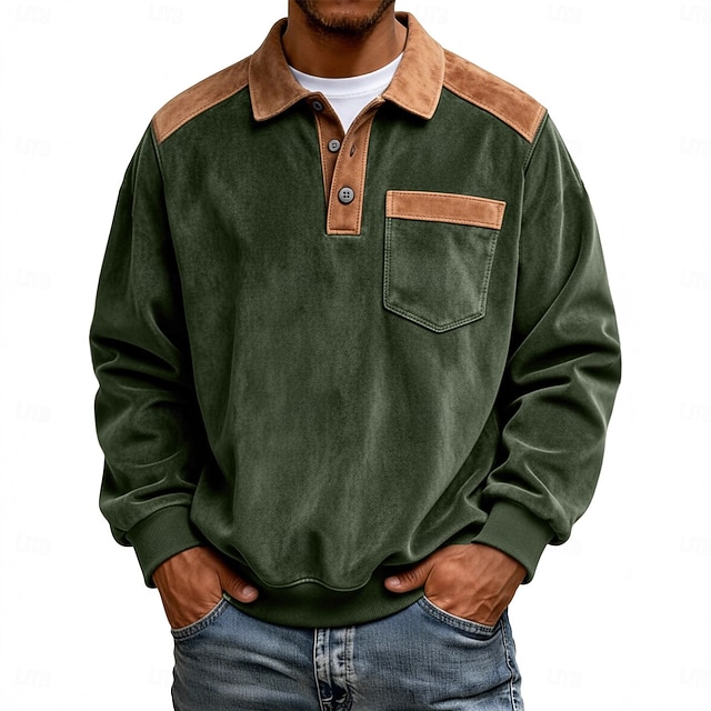 Men's Faux Suede Zip Polo Pullover Sweatshirt Vacation Street Zip Up Long Sleeve Fashion Basic Color  Block Patchwork Fall Spring Fall All Seasons Relaxed Fit Black Pink Army Green Navy Blue Blue