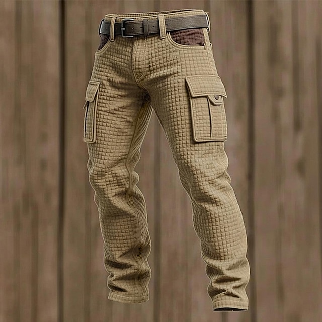 Men's Waffle Cargo Pants Trousers Casual Pants Patchwork Pocket Elasti