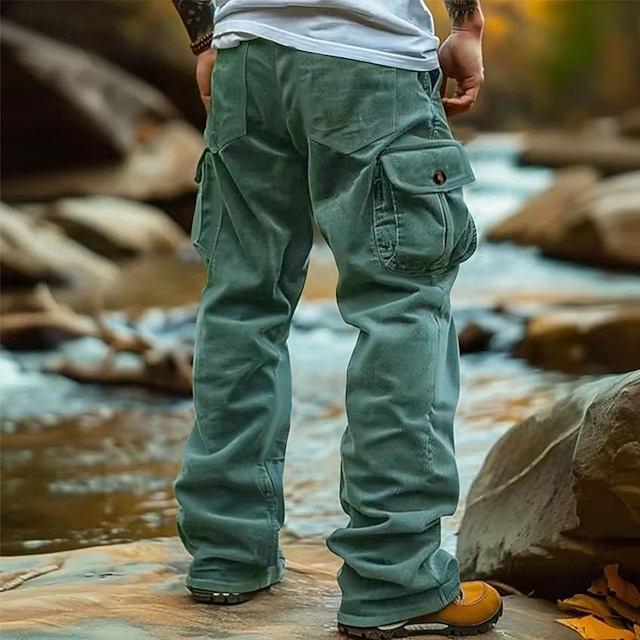 Men's Cargo Pants Corduroy Pants Trousers Baggy Pants Casual Pants Elastic Waist Multi Pocket Straight Leg Plain Comfort Soft Full Length Outdoor Casual Daily Fashion Streetwear Black Light Green