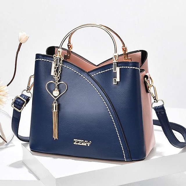 Women's Navy Blue and Pink Handbag with Heart Tassel Charm – Elegant Faux Leather Crossbody and Tote Bag for Everyday Use