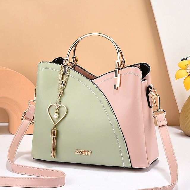 Women's Navy Blue and Pink Handbag with Heart Tassel Charm – Elegant Faux Leather Crossbody and Tote Bag for Everyday Use