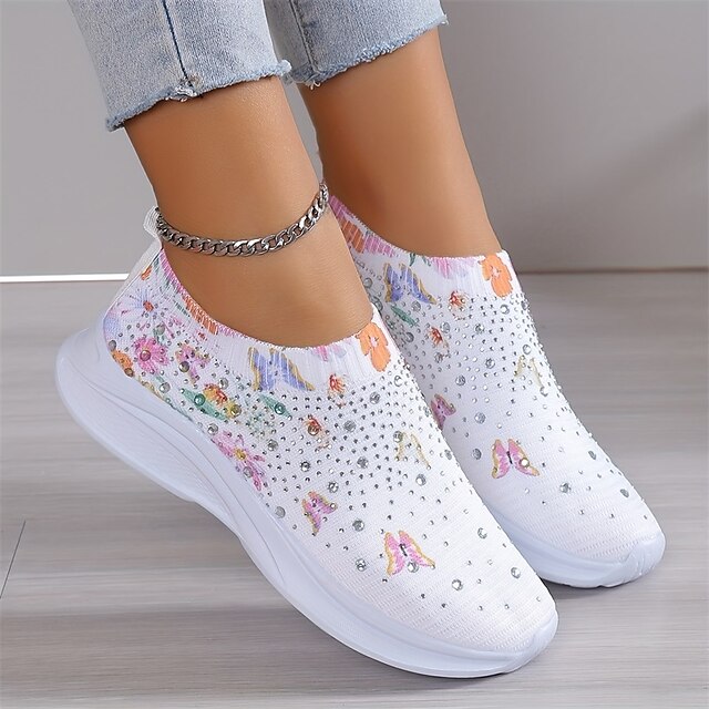 Women's White Slip-On Sneakers with Floral Print and Rhinestones for Casual Wear