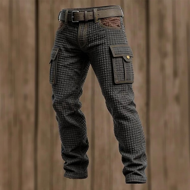 Men's Waffle Cargo Pants Trousers Casual Pants Patchwork Pocket Elastic Waist