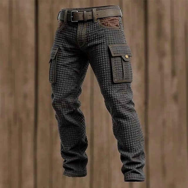 Men's Waffle Cargo Pants Trousers Casual Pants Patchwork Pocket Elastic Waist