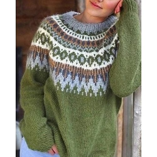 Women's Sweater Pullover Sweater Jumper Casual Soft Geometric Color Block Ribbed Crew Neck Knitted Long Sleeve Regular Tops Knit Outdoor Daily Weekend Pink Blue Fall Winter