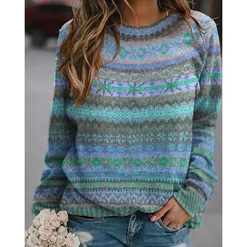 Women's Sweater Pullover Sweater Jumper Casual Soft Geometric Color Block Ribbed Crew Neck Knitted Long Sleeve Regular Tops Knit Outdoor Daily Weekend Pink Blue Fall Winter