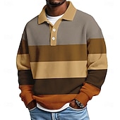 Men's Horizontal Stripes Waffle Polo Shirts Textured Long Sleeve Polo Shirts Lapel Casual Athleisure Daily Wear 3D Print Spring Fall Winter Blue Dark Brown Light Green
