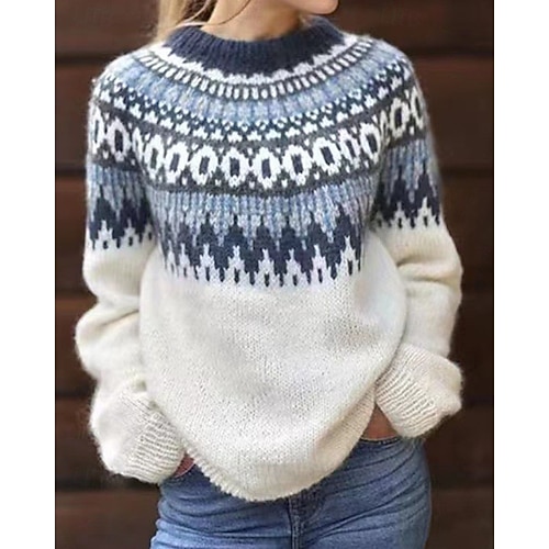 Women's Sweater Pullover Sweater Jumper Casual Soft Geometric Color Block Ribbed Crew Neck Knitted Long Sleeve Regular Tops Knit Outdoor Daily Weekend Pink Blue Fall Winter