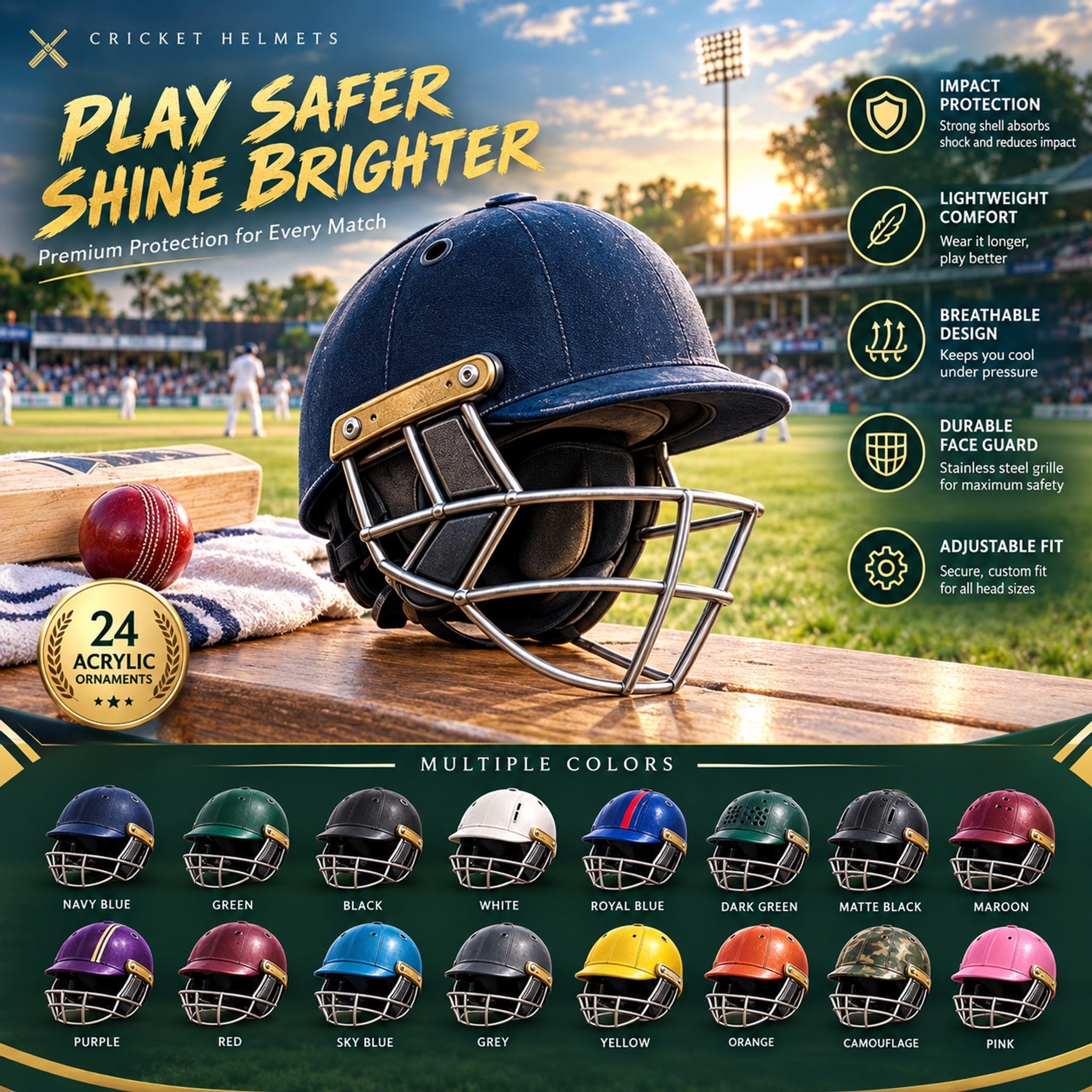 Cricket Helmets Advent Calendar 2026 with 24 acrylic helmet charms – product box and charms