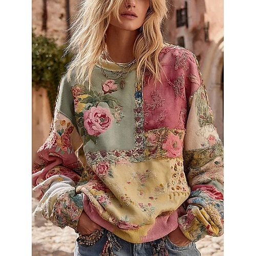 Women's 3D Print Vintage Boho Hoodie Patchwork Hoodie Sweatshirt Floral Viking Pullover Sweatshirt  Casual Long Sleeve Hooded  Street Patchwork Print Front Pocket Purple Spring Fall Winter