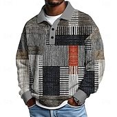 Men's Geometric Color Block Waffle Polo Shirts Textured Long Sleeve Polo Shirts Lapel Casual Athleisure Daily Wear 3D Print Spring Fall Winter Blue Brown Gray