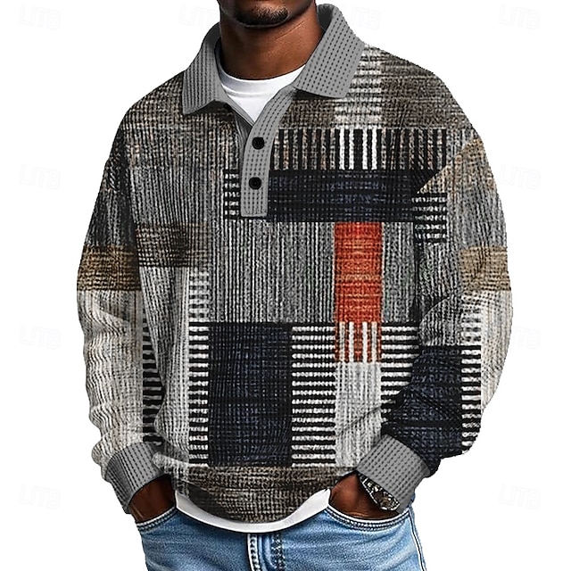 Men's Geometric Color Block Waffle Polo Shirts Textured Long Sleeve Polo Shirts Lapel Casual Athleisure Daily Wear 3D Print Spring Fall Winter Blue Brown Gray