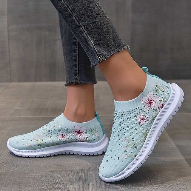 Women's White Slip-On Sneakers with Floral Print and Rhinestones for Casual Wear